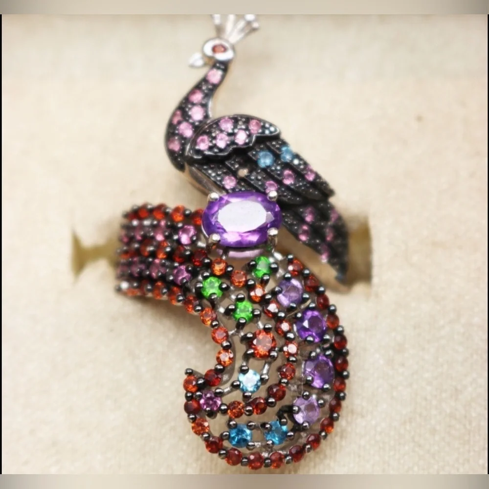 Sterling Silver Peacock Statement Ring Amethyst & Multi Gemstones in Sz 7 💚🦚🩵💍💜